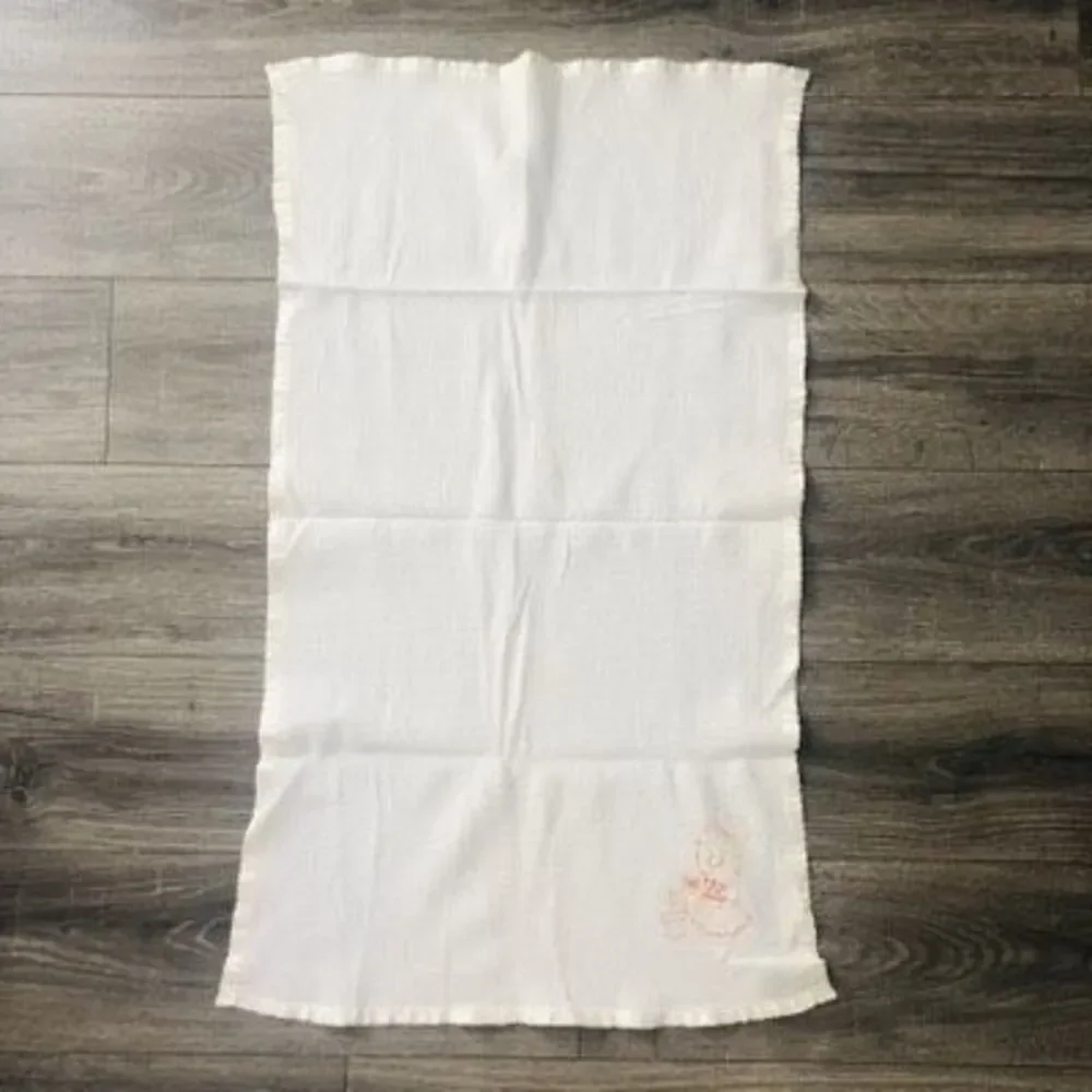 vtg waffle weave baby blanket satin trim white embroidered duck‎ flower 38x21in